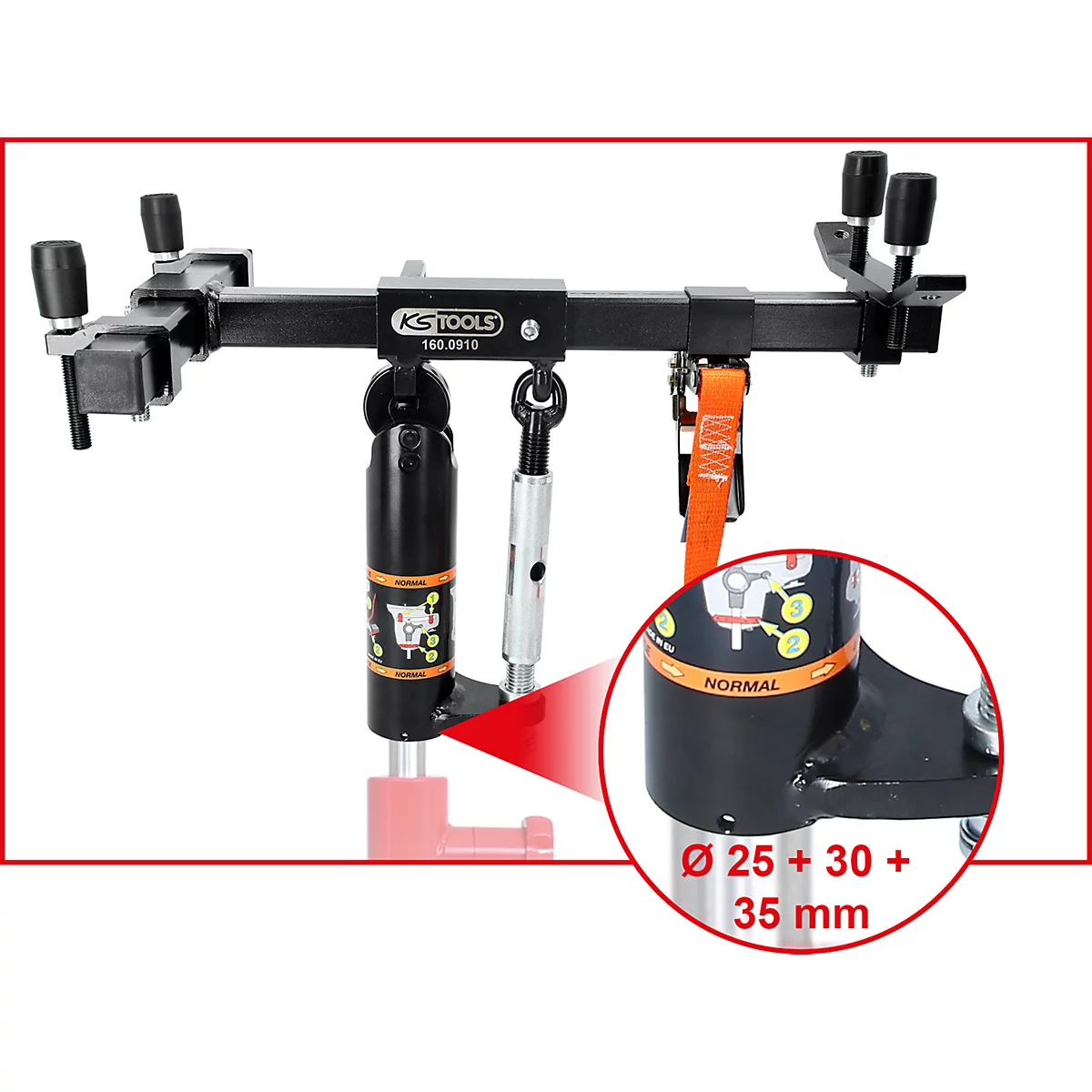 Schwarze KFZ-Motorbrücke mit Details, darunter ein roter Pfeil und Schriftzug: Ø 25 + 30 + 35 mm.